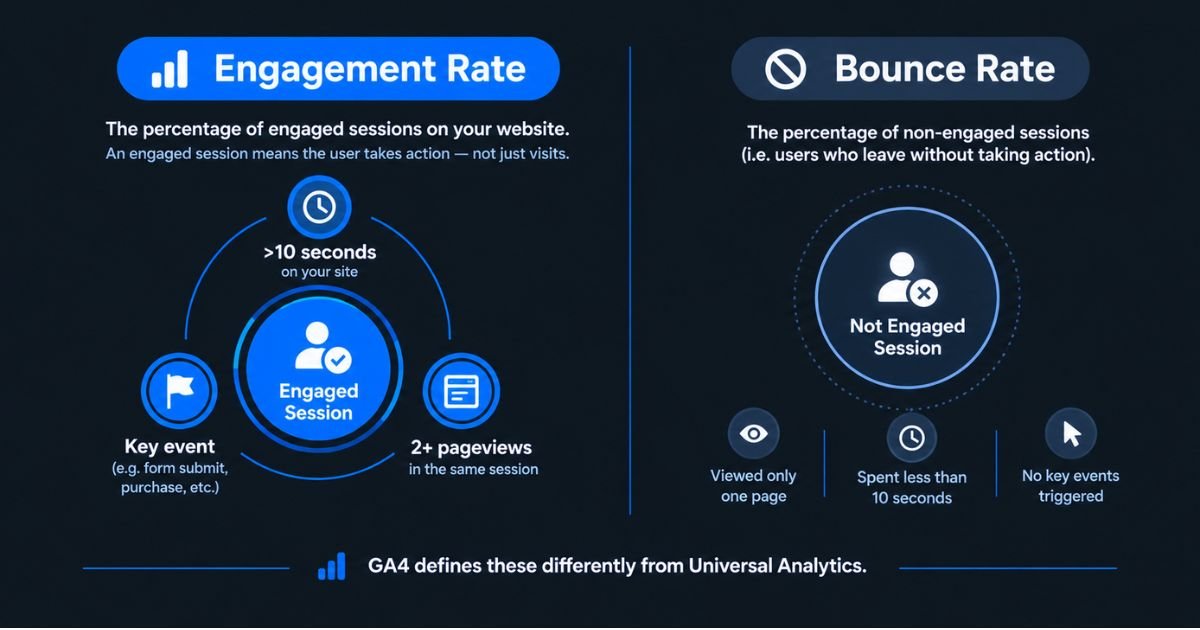 Illustration comparing UA session and hit-type model with GA4 event-based measurement showing pageview, click, scroll, and form submission as events